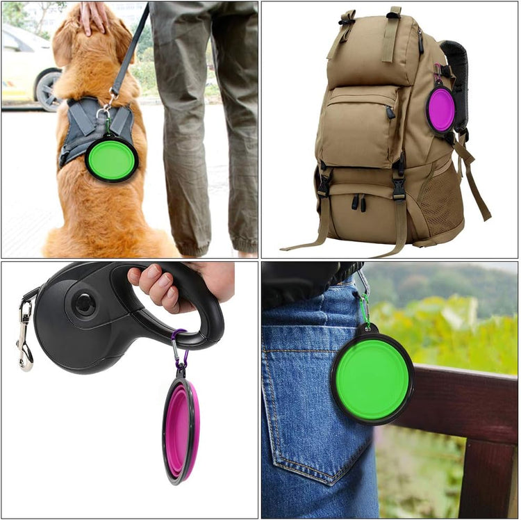 Collapsible Dog Bowl Set of 2 – Portable Travel Water & Food Dish for Dogs & Cats, Foldable with Carabiner Clip, Green & Purple