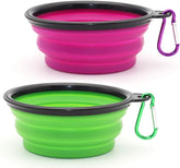 Collapsible Dog Bowl Set of 2 – Portable Travel Water & Food Dish for Dogs & Cats, Foldable with Carabiner Clip, Green & Purple