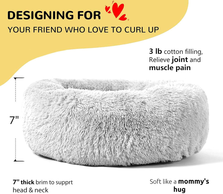 Calming Dog Bed for Large Dogs – Fluffy Donut Cuddler, Anti-Anxiety Design, Washable, Gray 30"