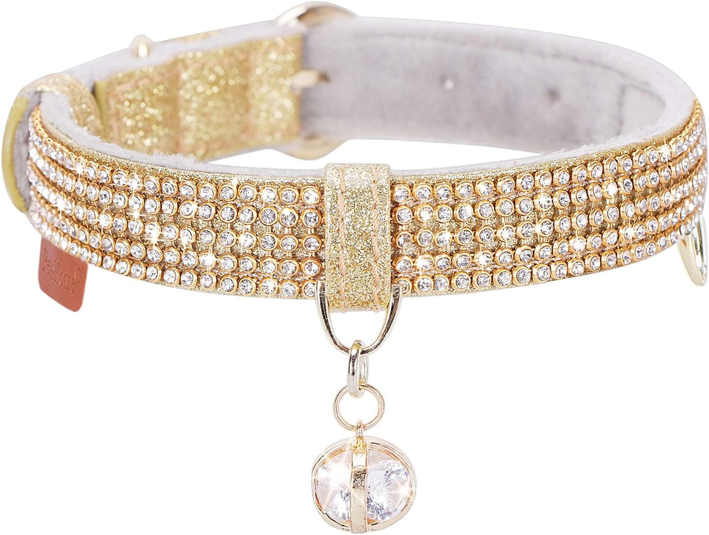 Rhinestone Pet Collar – Premium PU Leather Bling Collar with Pendant for Small & Medium Dogs & Cats, Adjustable, Gold