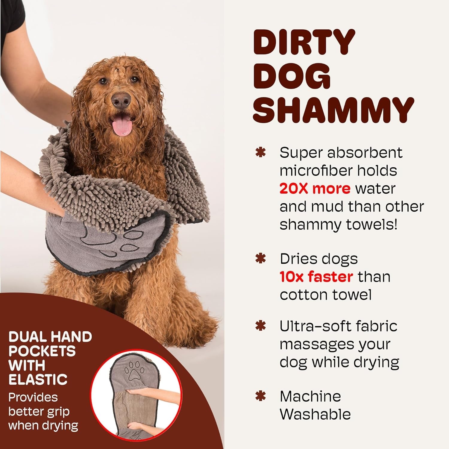 Microfiber Dog Drying Towel – Super Absorbent, Fast-Drying, Antimicrobial & Odor Control, Dual Hand Pockets, Machine Washable, Gray (31"x13")