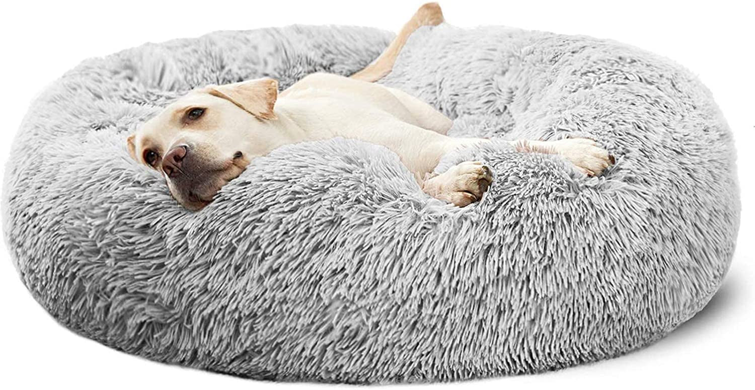 Calming Dog Bed for Large Dogs – Fluffy Donut Cuddler, Anti-Anxiety Design, Washable, Gray 30"
