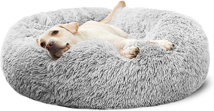 Calming Dog Bed for Large Dogs – Fluffy Donut Cuddler, Anti-Anxiety Design, Washable, Gray 30"