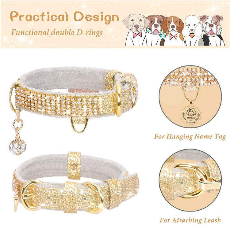 Rhinestone Pet Collar – Premium PU Leather Bling Collar with Pendant for Small & Medium Dogs & Cats, Adjustable, Gold