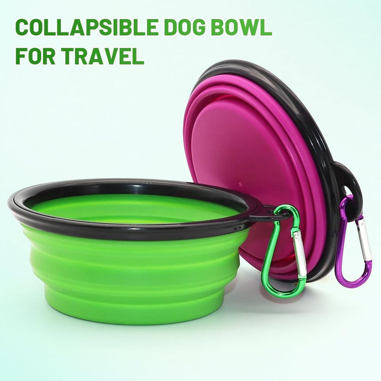 Collapsible Dog Bowl Set of 2 – Portable Travel Water & Food Dish for Dogs & Cats, Foldable with Carabiner Clip, Green & Purple
