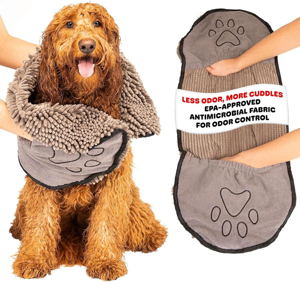 Microfiber Dog Drying Towel – Super Absorbent, Fast-Drying, Antimicrobial & Odor Control, Dual Hand Pockets, Machine Washable, Gray (31"x13")