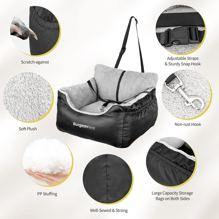 Dog Car Seat for Small Dogs – Booster Seat with Clip-On Leash, Storage Pockets & Washable Cover, Portable Pet Carrier under 25 lbs, Black