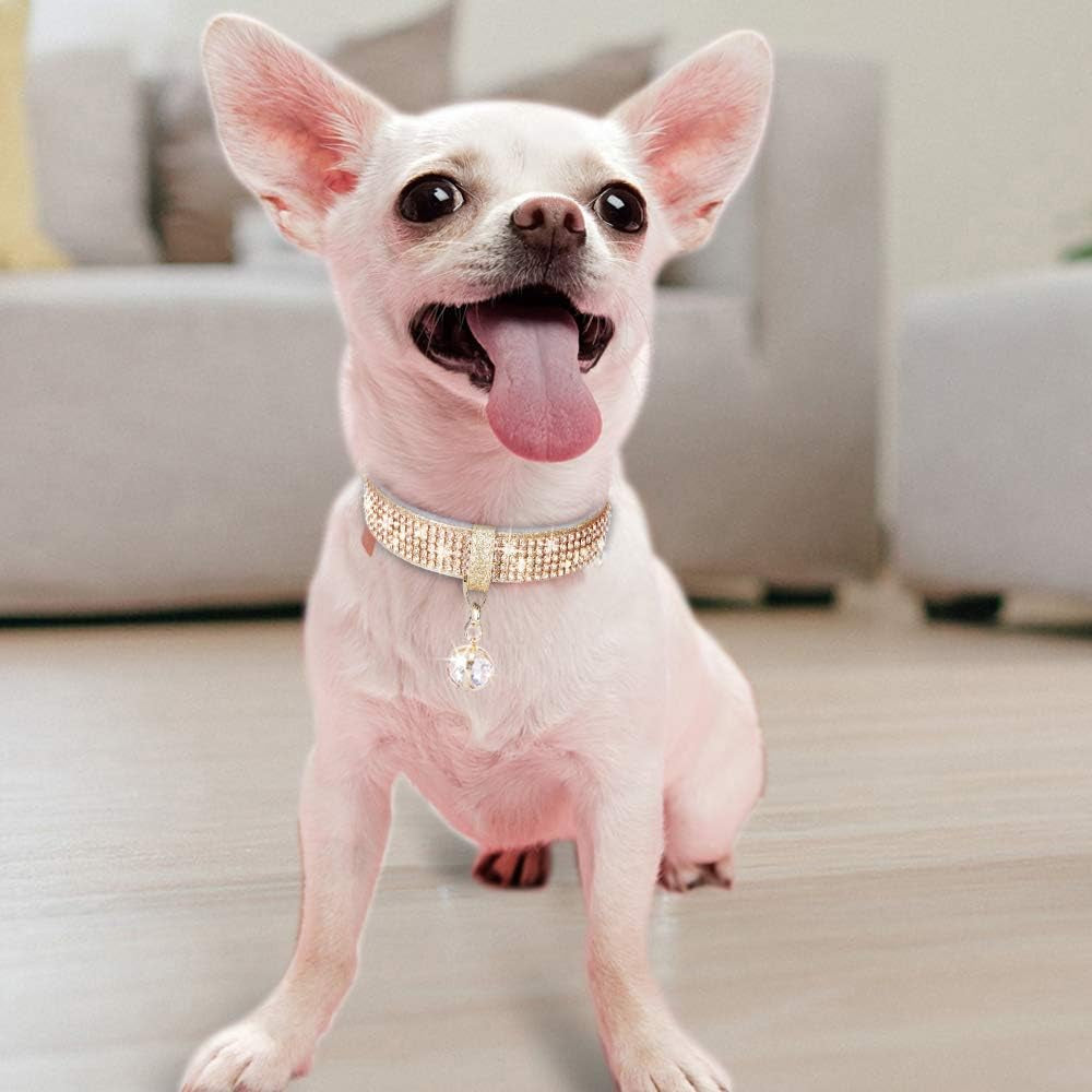 Rhinestone Pet Collar – Premium PU Leather Bling Collar with Pendant for Small & Medium Dogs & Cats, Adjustable, Gold