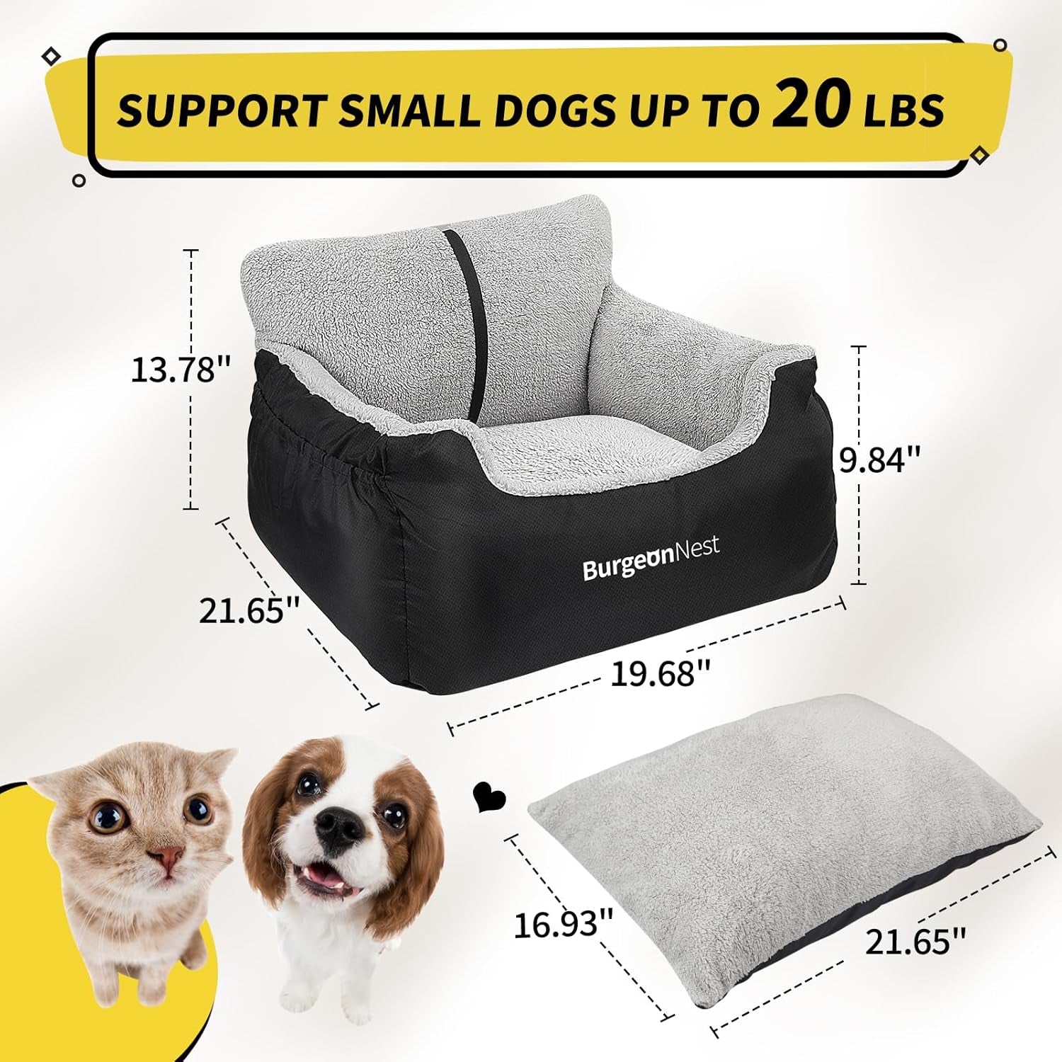 Dog Car Seat for Small Dogs – Booster Seat with Clip-On Leash, Storage Pockets & Washable Cover, Portable Pet Carrier under 25 lbs, Black