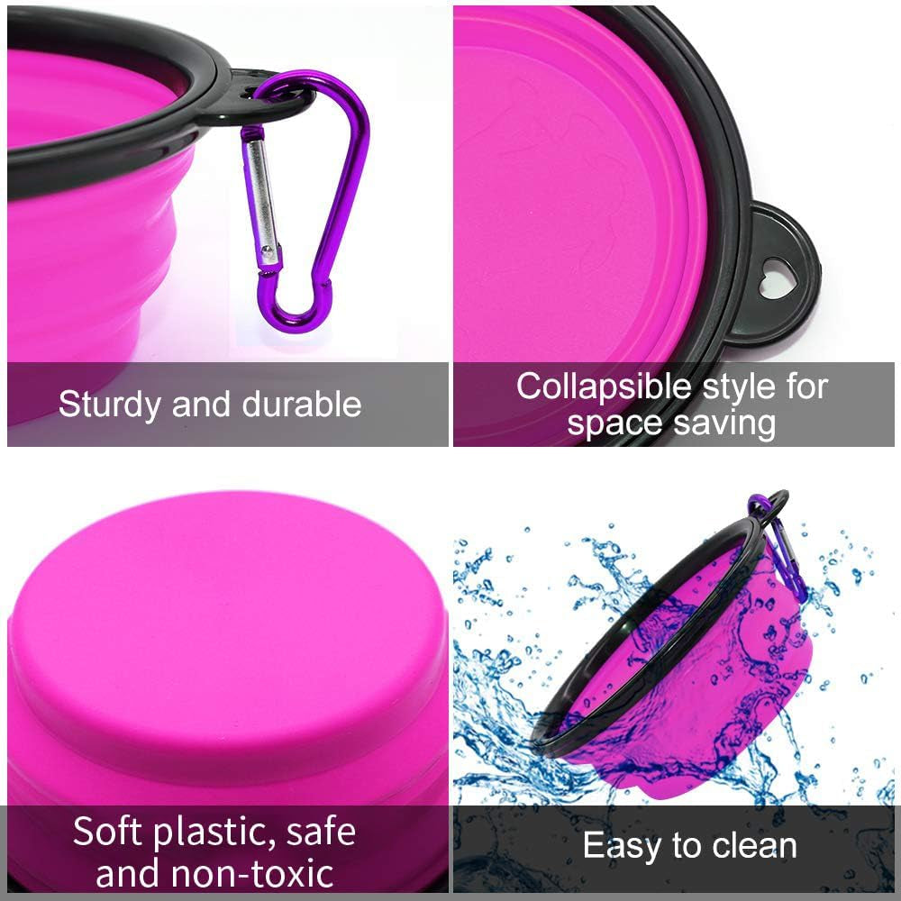 Collapsible Dog Bowl Set of 2 – Portable Travel Water & Food Dish for Dogs & Cats, Foldable with Carabiner Clip, Green & Purple