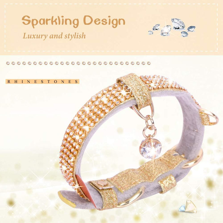 Rhinestone Pet Collar – Premium PU Leather Bling Collar with Pendant for Small & Medium Dogs & Cats, Adjustable, Gold