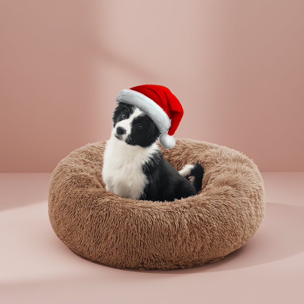Calming Dog Bed for Medium Dogs, anti Anxiety Donut Dog Bed, round Dog Bed for Puppy, Plush Faux Fur Dog Bed, Fluffy Dog Bed, Soft Fuzzy Pet Bed, Machine Washable, 23X23Inch Lightcoffee
