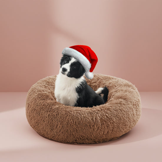 Calming Dog Bed for Medium Dogs, anti Anxiety Donut Dog Bed, round Dog Bed for Puppy, Plush Faux Fur Dog Bed, Fluffy Dog Bed, Soft Fuzzy Pet Bed, Machine Washable, 23X23Inch Lightcoffee