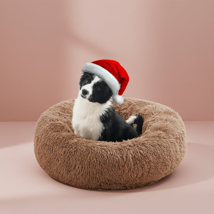 Calming Dog Bed for Medium Dogs, anti Anxiety Donut Dog Bed, round Dog Bed for Puppy, Plush Faux Fur Dog Bed, Fluffy Dog Bed, Soft Fuzzy Pet Bed, Machine Washable, 23X23Inch Lightcoffee