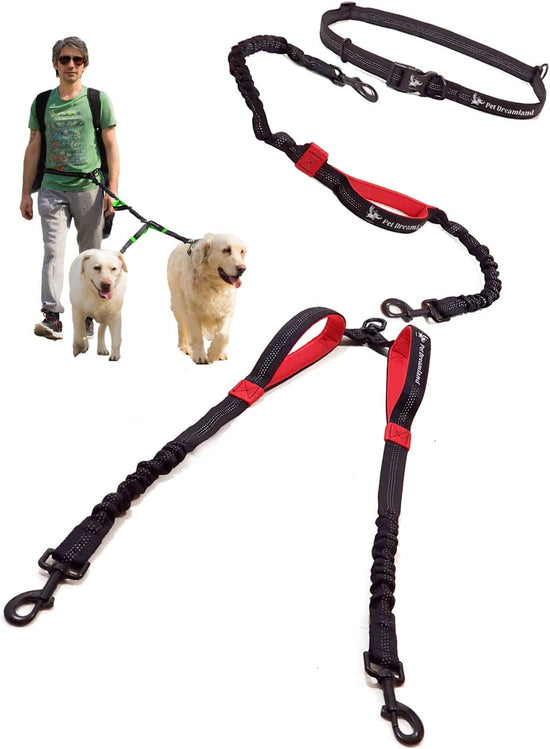 Dual Dog Leash for Two Dogs – No-Tangle Hands-Free Double Leash for Large Dogs, Running & Walking, Black & Red
